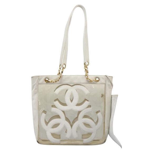 CHANEL Handbags - Chanel Vinyl Triple Coco Chain Tote Bag White Gold